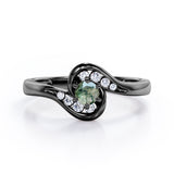 Whirly Gemstone 0.55 carat Round Green Moss Agate and Moissanites Artistic Engagement Ring in White Gold