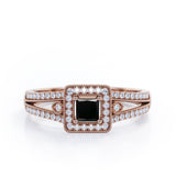 Split-Shanked Pave 1.55 Carat Princess Cut Black Diamond Milgrain-Bordered Halo Engagement Ring in White Gold