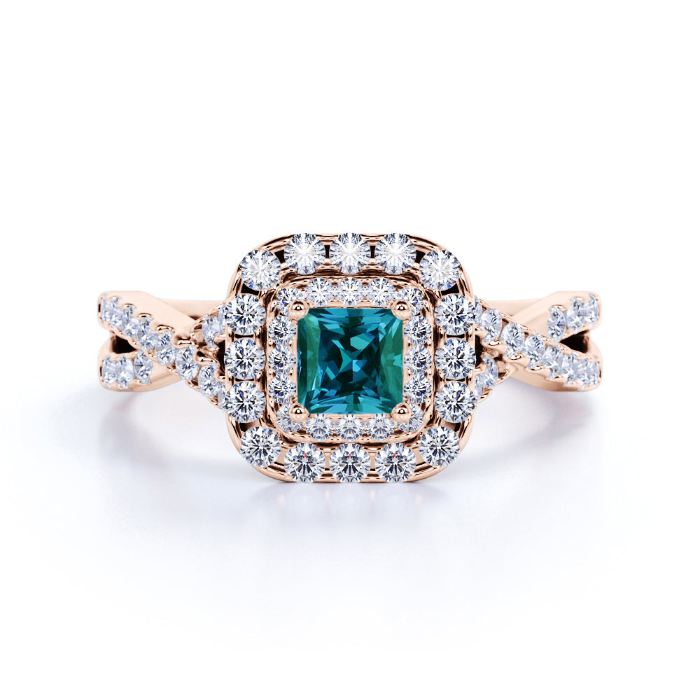 Twisted 1.75 Carat Princess Cut Lab Created Alexandrite And Diamond Double Halo Infinity Engagement Ring In White Gold