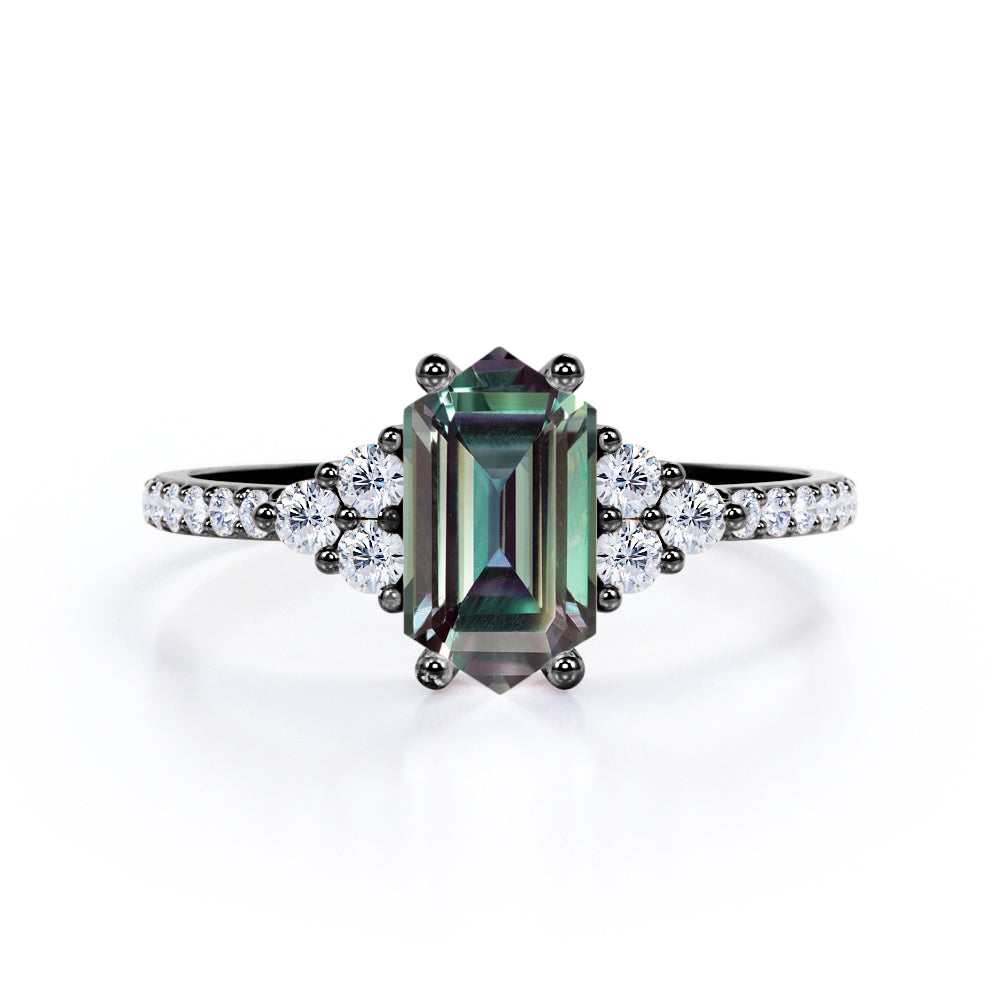 Four Prong 1.45 Carat Hexagon Shaped Lab Created Alexandrite And Diamond Pave Engagement Ring In White Gold