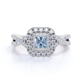 Three Stone 1.50 ct Princess Aquamarine Halo Engagement Ring