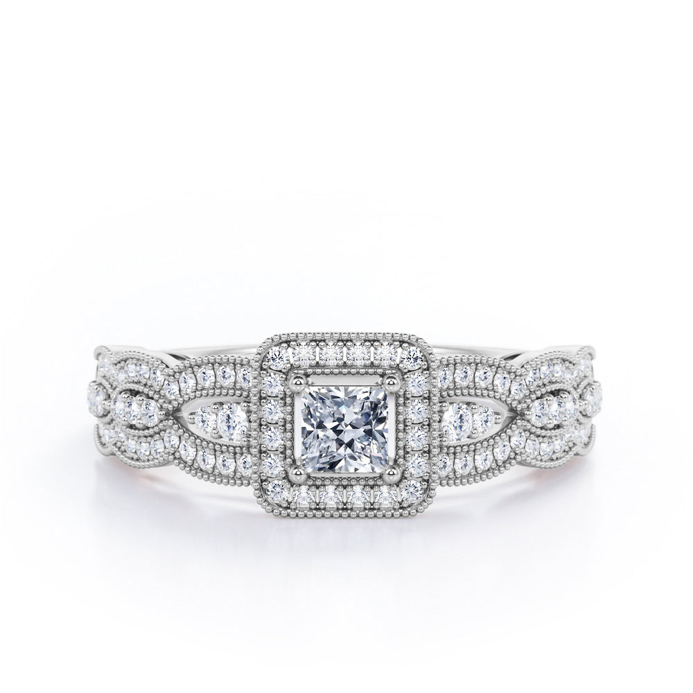 Triple Curved Pave Band - 0.5 TCW Princess Cut Diamond - Milgrain Halo-Channel Engagement Ring - 10K Black Gold