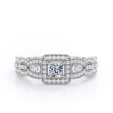 Triple Curved Pave Band - 0.5 TCW Princess Cut Diamond - Milgrain Halo-Channel Engagement Ring - 10K Black Gold