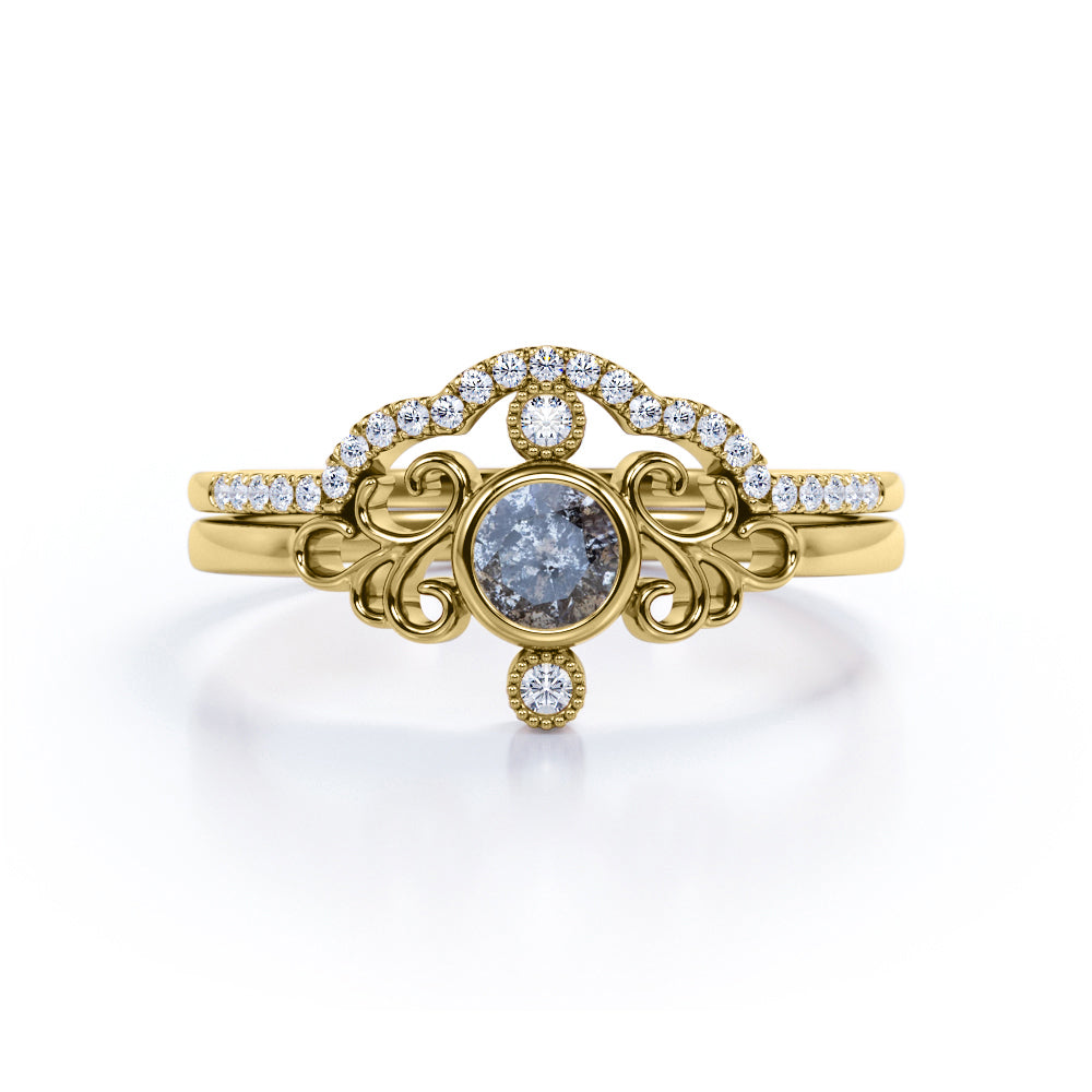 Curved 0.95 Ct Round Salt and Pepper Diamond Wedding Bridal Set