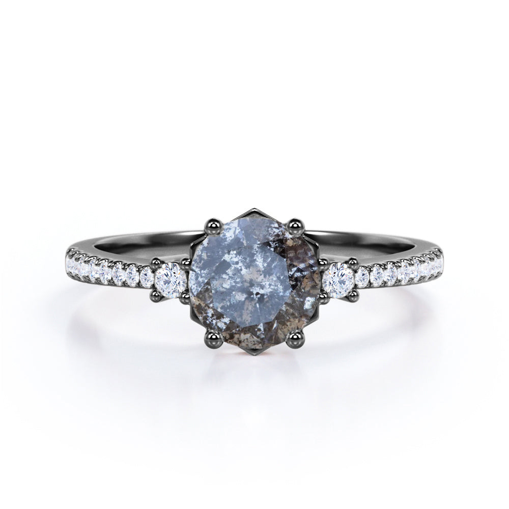 Pave 0.75 Ct Round Cut Salt and Pepper Diamond Engagement Ring