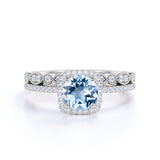 Halo 1.75 ct Round Aquamarine Vintage Wedding Ring Set