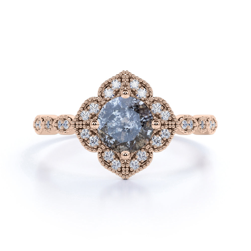 1 Ct Round Salt and Pepper Diamond Flower Engagement Ring