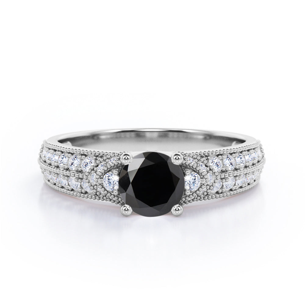 Simple Four Prong 1.50 Carat Round Cut Black Diamond Vintage Milgrain Multi Row Engagement Ring In Rose Gold
