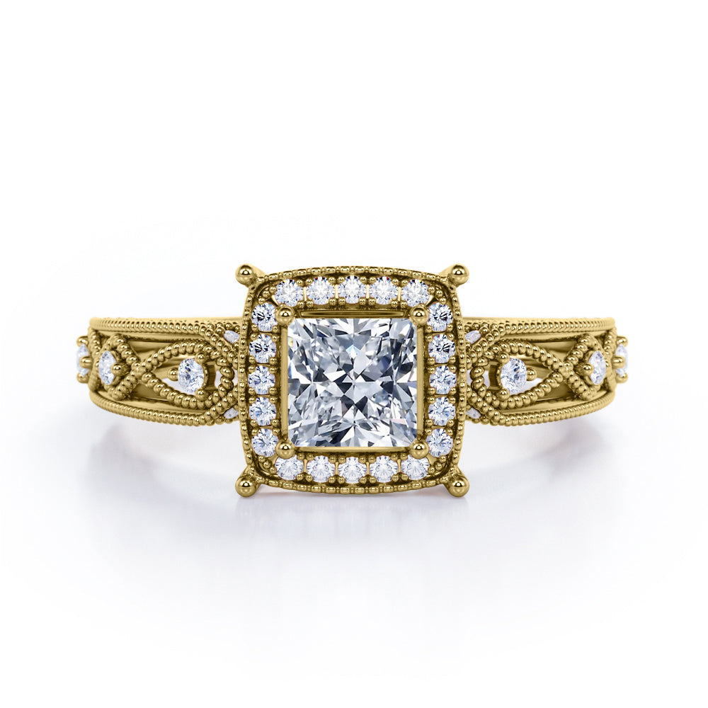 Designer Beaded 1.35 Carat Princess Cut Moissanite And Diamond Halo Engagement Ring In Rose Gold