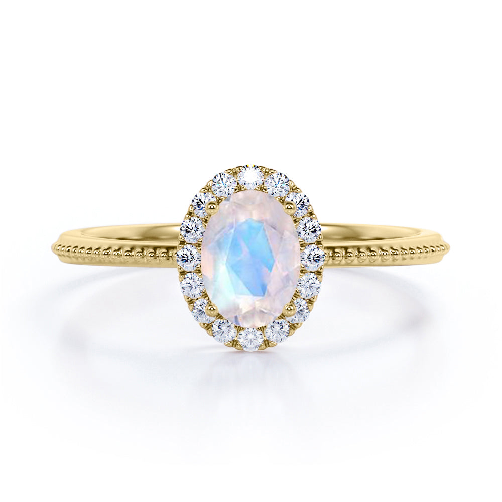1.50 Carat Oval Blue Moonstone Halo Engagement Ring in White Gold - Moonstone Statement Ring