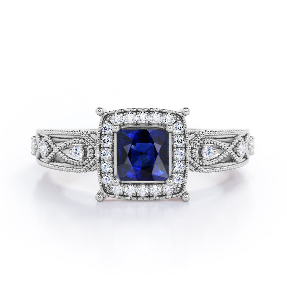 Designer Beaded 1.35 Carat Princess Cut Sapphire And Diamond Halo Engagement Ring In Rose Gold