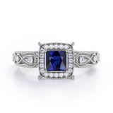 Designer Beaded 1.35 Carat Princess Cut Sapphire And Diamond Halo Engagement Ring In Rose Gold