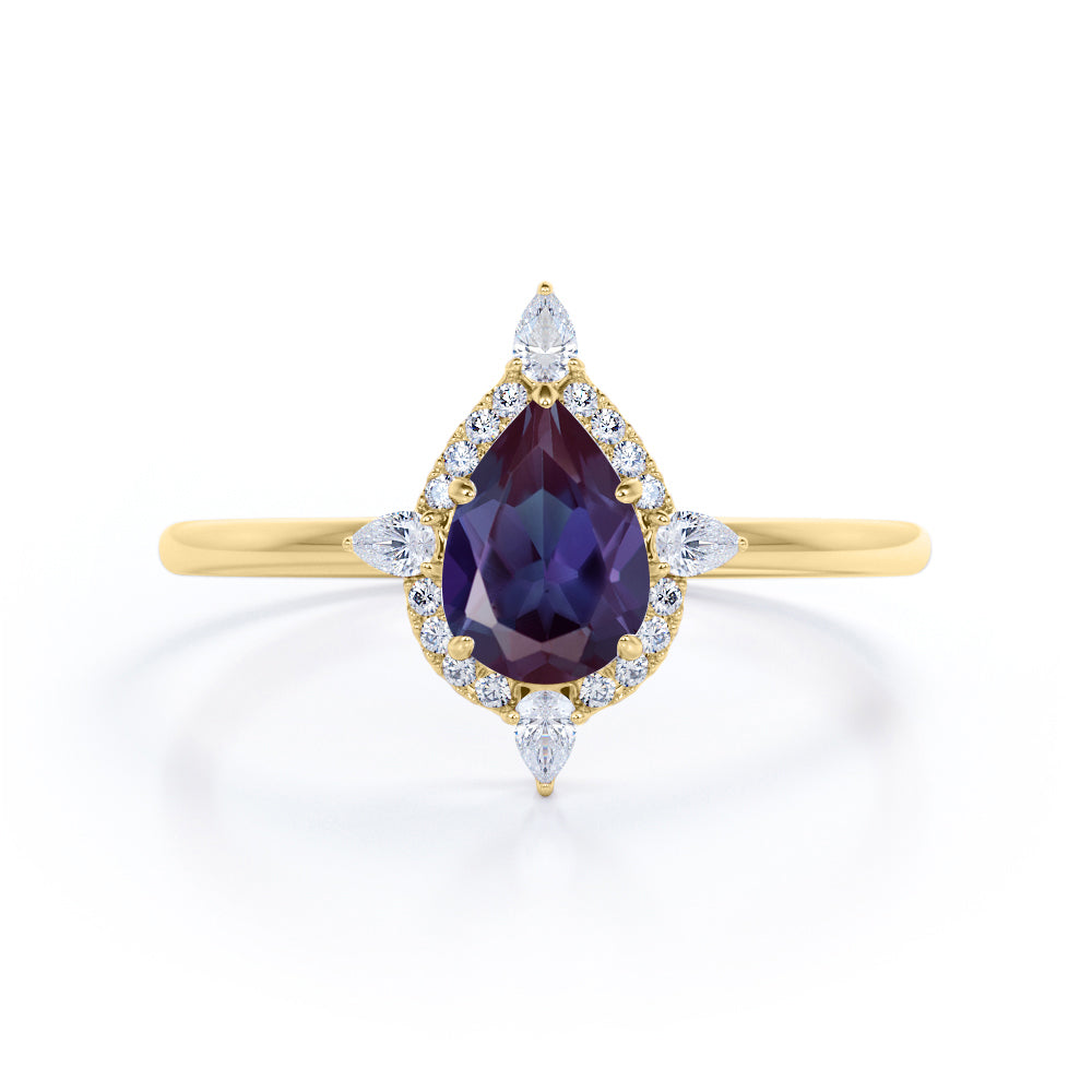 Simple Antique 5 Stone 1.25 Carat Pear Shaped Synthetic Purple Alexandrite and Diamond Halo Engagement Ring in White Gold for Women
