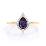 Simple Antique 5 Stone 1.25 Carat Pear Shaped Synthetic Purple Alexandrite and Diamond Halo Engagement Ring in White Gold for Women