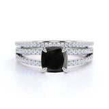 Unique 1.75 Carat Cushion cut Lab Black Diamond Bridal Set with semi eternity band in Rose Gold