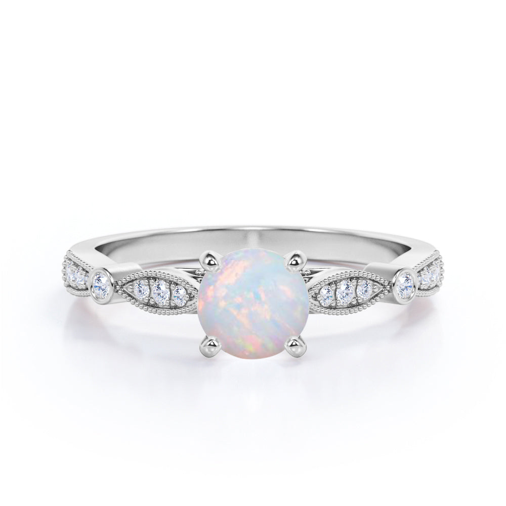 Vintage Inspired 1.25 Carat Round Cut White Fiery Opal And Diamond Four Prong Art Deco Style Engagement Ring In Rose Gold