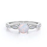 Vintage Inspired 1.25 Carat Round Cut White Fiery Opal And Diamond Four Prong Art Deco Style Engagement Ring In Rose Gold