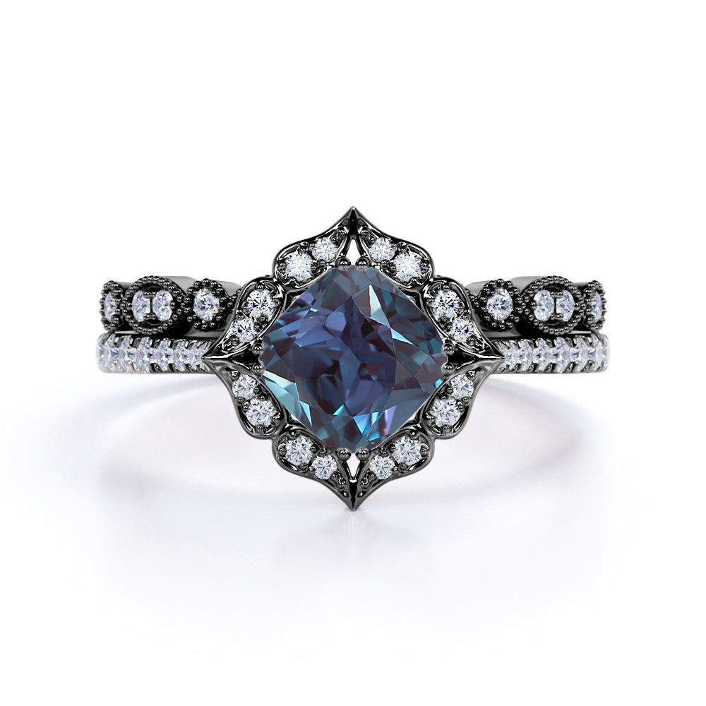 Flower Bezel Set 1.75 Carat Cushion Cut Simulated Alexandrite and Diamond Art Deco Bridal Set Rings