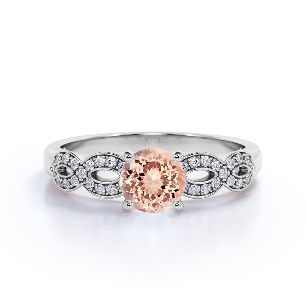 Huge 1.25 Carat Round cut Morganite and Diamond Infinity Art Deco Engagement Ring in Rose Gold
