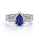 Art Deco 2.25 Ct Pear Cut Lab Sapphire Bridal Set