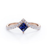 Chevron 1.25 Carat Princess Cut Sapphire And Diamond Four Prong Pave Set Engagement Ring In Rose Gold