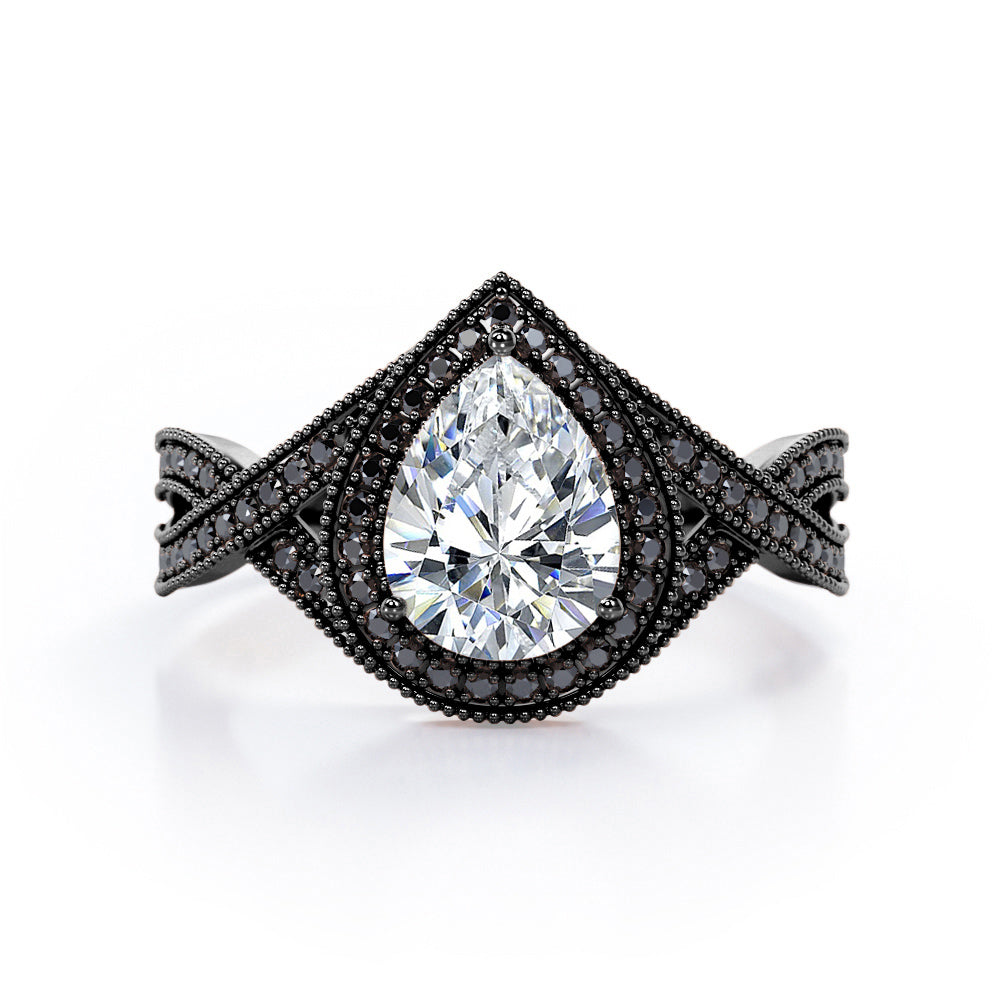 Milgrain Pave Channel - 1.5 TCW Teardrop Moissanite with Lab Created Black Diamond - Halo Design Engagement Ring in White Gold