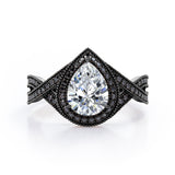 Milgrain Pave Channel - 1.5 TCW Teardrop Moissanite with Lab Created Black Diamond - Halo Design Engagement Ring in White Gold