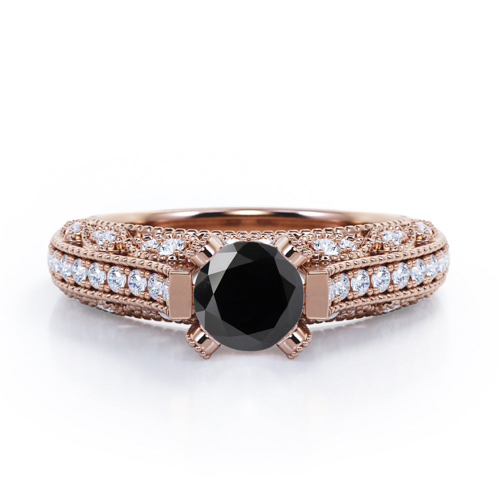 Beaded Four Prongs 1.40 Carat Round Cut Black Diamond Antique Art Deco Engagement Ring In White Gold