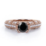 Beaded Four Prongs 1.40 Carat Round Cut Black Diamond Antique Art Deco Engagement Ring In White Gold