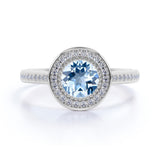 1.25 Carat Round cut Aquamarine and Diamond Halo Engagement Ring in Rose Gold
