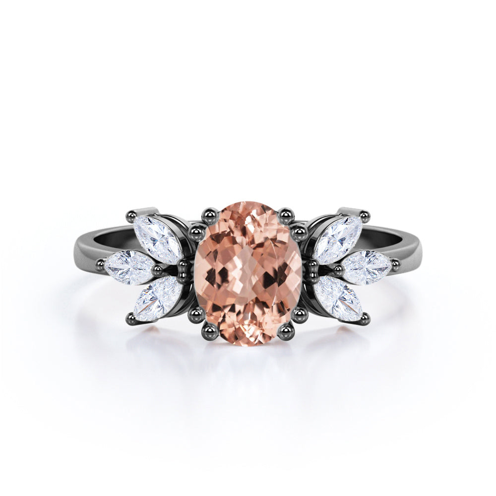 Seven Stones 0.55 carat Oval Morganite and Moissanite Leafy Engagement Ring in Rose Gold