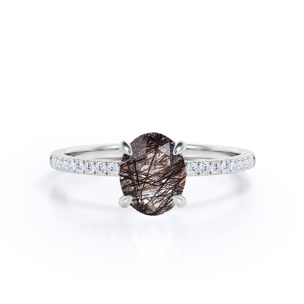 1.25 ct Oval Black Rutilated Quartz Pave Engagement Ring