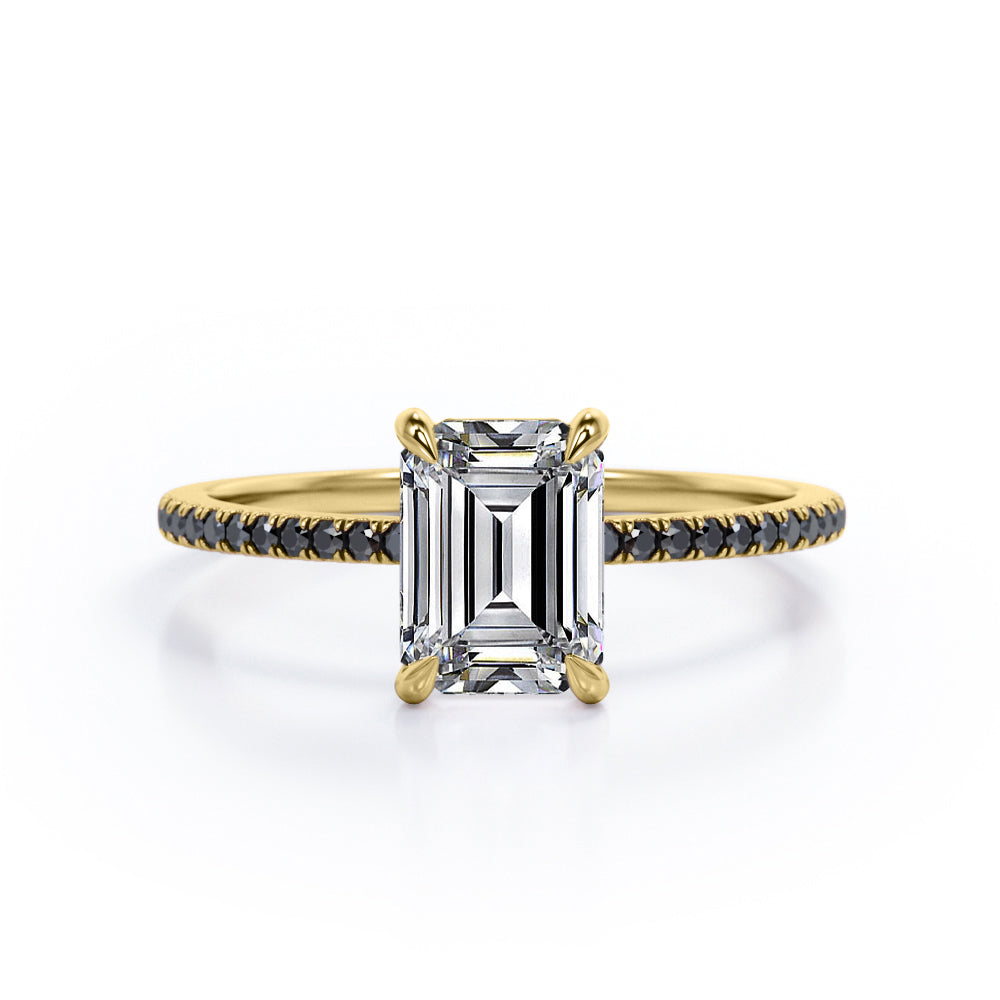Four Prong - 1.25 TCW Emerald Cut Moissanite with Lab Created Black Diamond - Engagement Ring with Pave Accents in White Gold