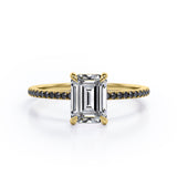 Four Prong - 1.25 TCW Emerald Cut Moissanite with Lab Created Black Diamond - Engagement Ring with Pave Accents in White Gold