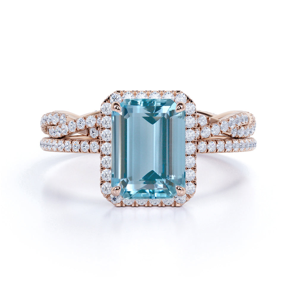 1.75 Carat emerald cut Aquamarine and Diamond Halo Wedding Ring Set in White Gold