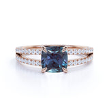 Double Shank Single Stone 1.50 Carat Cushion Cut Simulated Alexandrite and Diamond Pave Classic Engagement Ring