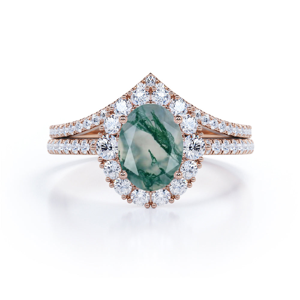 1.75 Carat Oval Cut Moss Agate Halo Bridal Set