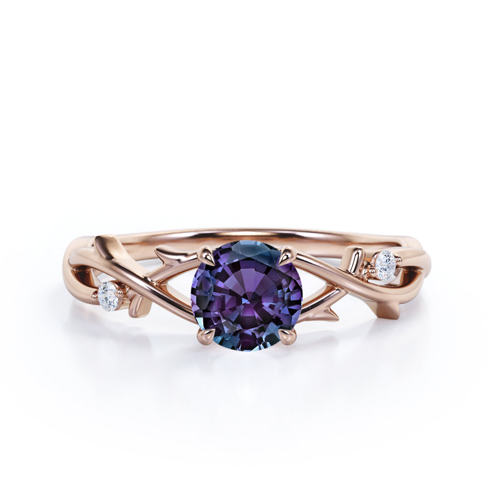 Crossover Leaf Twig 1.05 Carat Brilliant Round Cut Lab Created Alexandrite And Diamond Three Stone Infinity Engagement Ring In White Gold