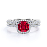 Classic Pave 2.25 Carat Cushion Cut Lab Ruby and Diamond Halo Bridal Set with Infinity Band in White Gold