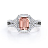 2 Carat Emerald Cut Real Peach Morganite and Moissanite Halo Designer Engagement Ring