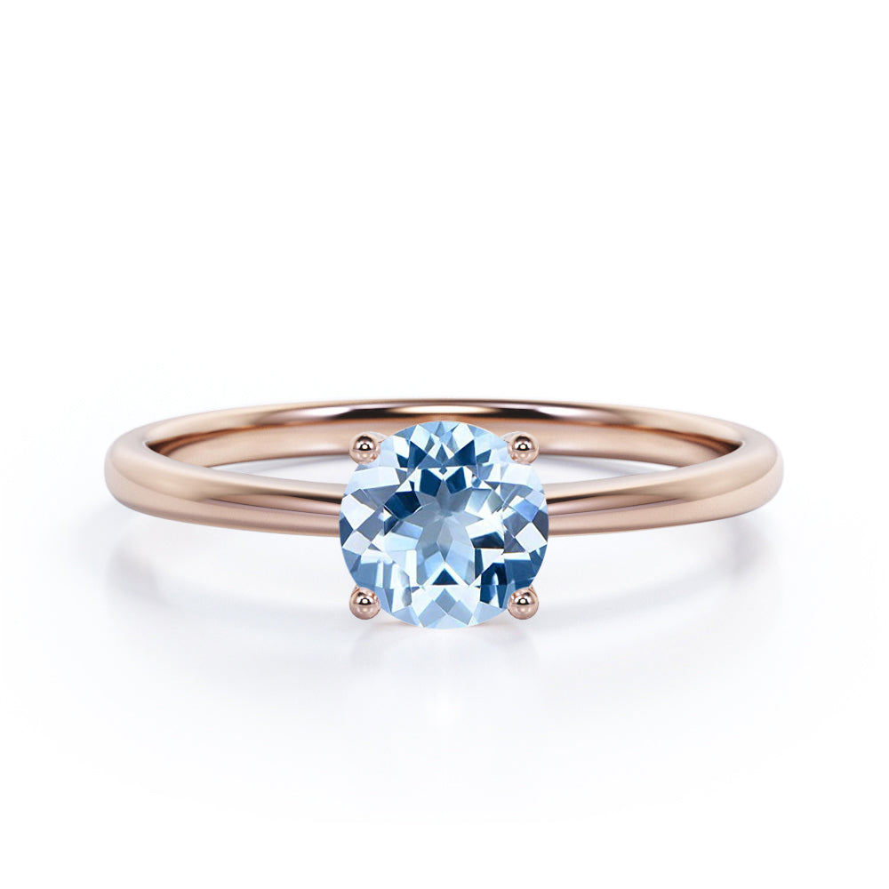 Minimal Solitaire 1 Carat Round Cut Genuine Sky Blue Aquamarine Engagement Ring for Her