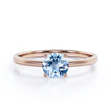 Minimal Solitaire 1 Carat Round Cut Genuine Sky Blue Aquamarine Engagement Ring for Her