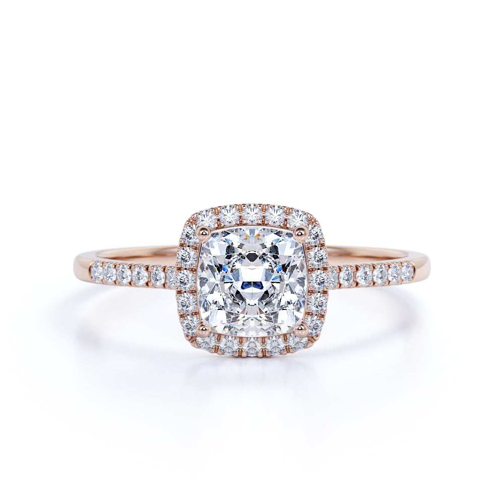 1.50 Carat Cushion Cut Moissanite and Diamonds Halo Engagement Ring in White Gold