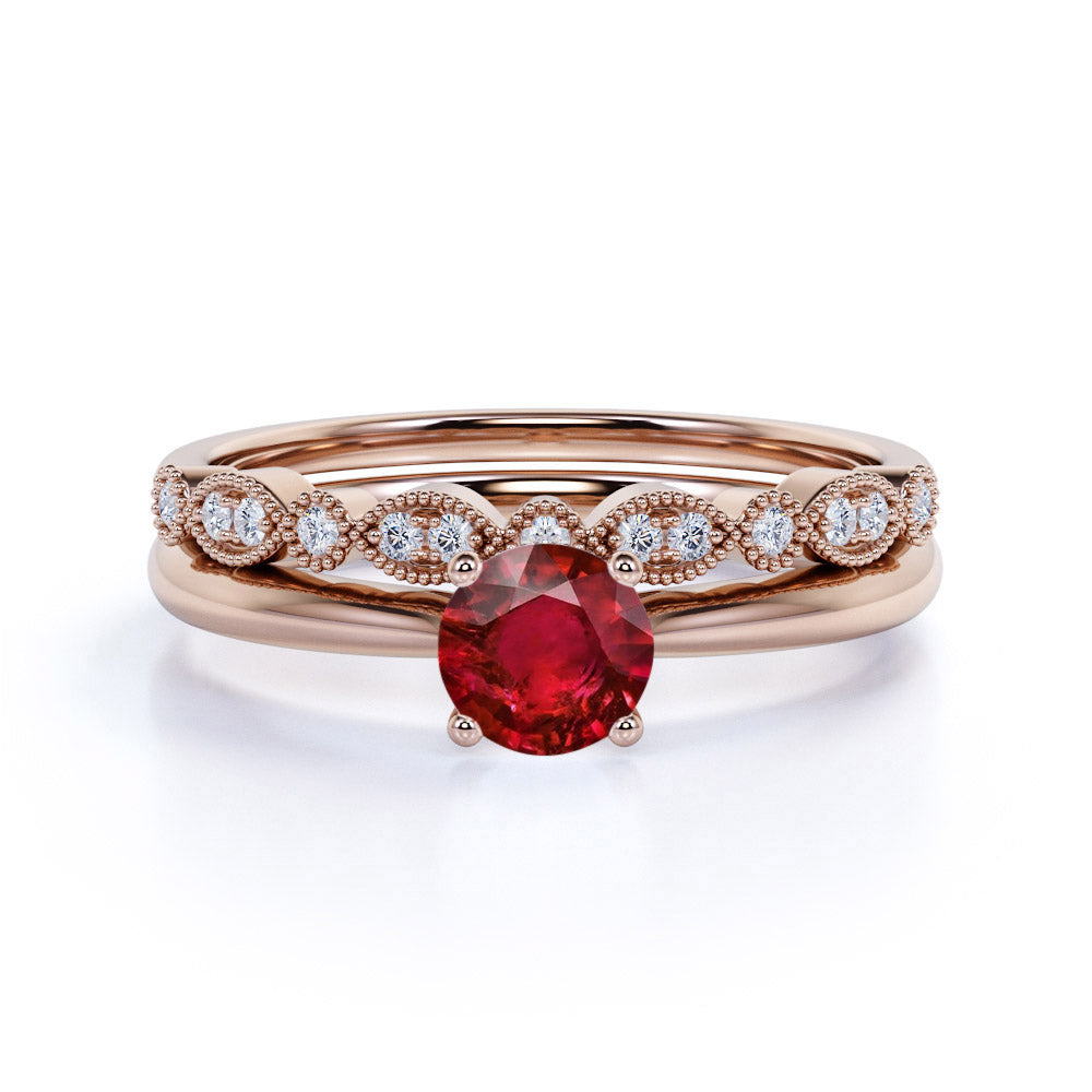Artdeco 1.25 Carat Round cut Ruby and Diamond Wedding Bridal Ring Set in White Gold
