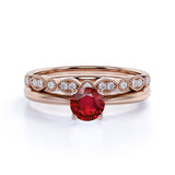 Artdeco 1.25 Carat Round cut Lab Ruby and Diamond Wedding Bridal Ring Set in White Gold