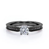 Edwardian Style - 1.25 TCW Round Cut Moissanite with Lab Created Black Diamond - Milgrain Bordered Engagement Ring in White Gold