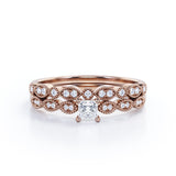 Scalloped Bead Décor 0.7 carat Princess Moissanite and diamond wedding Ring Set in Rose Gold