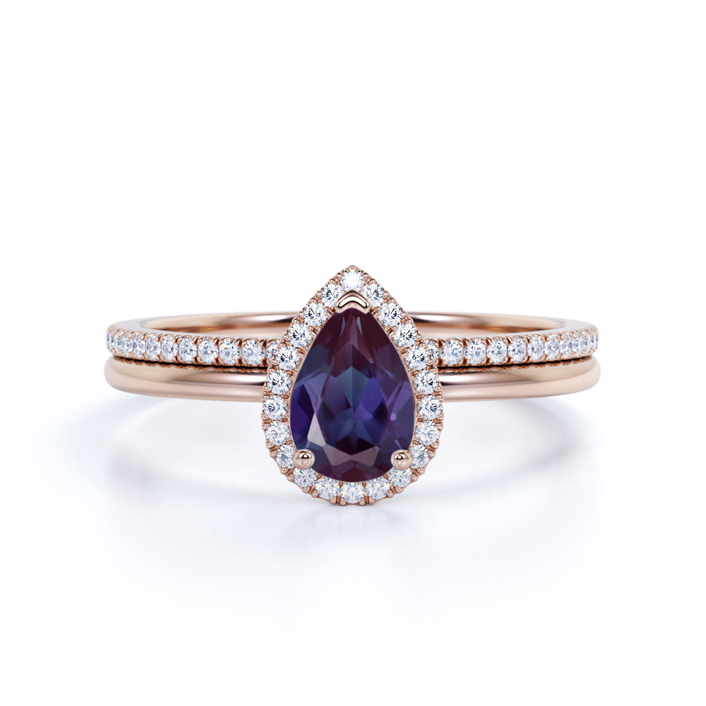Minimalist Halo 1.25 Carat Pear Cut Artificial Alexandrite and Diamond Half Eternity Band Wedding Ring Sets