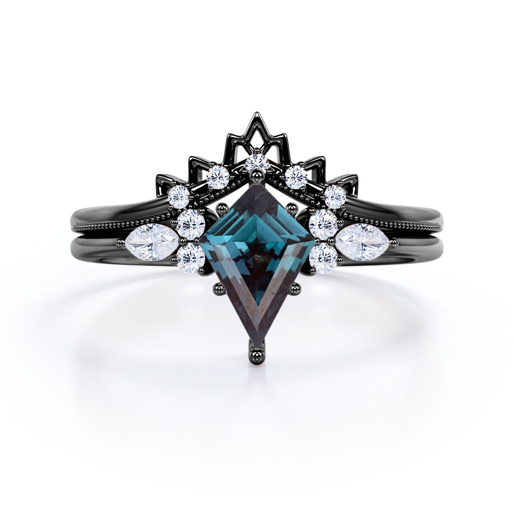 1 Ct Kite Cut Lab Alexandrite Filigree Bridal Set