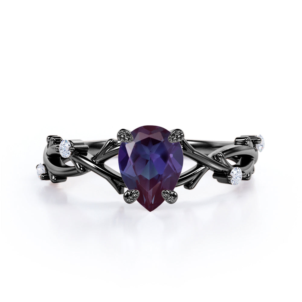 Leaf Twig Art Deco 1.10 Carat Pear Cut Lab Created Alexandrite And Diamond Floral Infinity Engagement Ring In White Gold